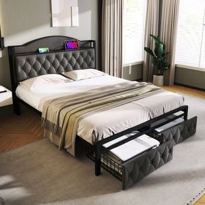 Sweiko Gestoffeerd bed met USB Type C oplaadfunctie en laden, eenpersoonsbed 140 x 200 opbergbedden Bed frame met lattenboden gemaakt van metalen frame, Donkergrijs (zonder matras)