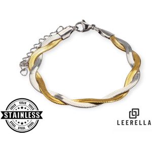 Leerella Tweekeer Gevlochten Slang Armband - Stijlvolle Roestvrijstalen Armband in Bicolor - Waterproof & Verstelbaar 16+5 cm