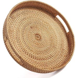 Rond rotan dienblad met handvat, geweven decoratief dienblad voor salontafel, poef natuurlijk (klein 30 cm x 6 cm)