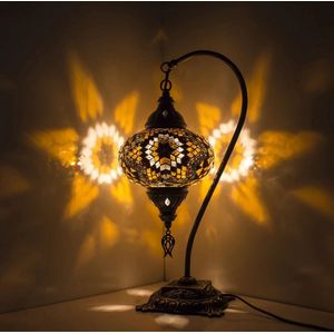 Mozaïek Lamp - Oosterse Lamp - Turkse Lamp - Tafellamp - Marokkaanse Lamp - Boogmodel - Ø 13 cm - Hoogte 42 cm - Handgemaakt - Authentiek - Geel & Bruin