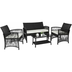 Stemily Tuinset - Loungeset - 4 Personen - Rotan - UV-Bestendig - 5cm Dikke Kussens - Glazen Blad - 1 Tweezits - 2 Stoelen