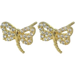 Silventi 9NBSAM-G200095 Gouden Oorknopjes - Dames - Libelle - Dragon Fly - Zirkonia - 7 x 8,8 mm - 14 Karaat - Goud