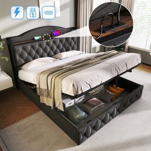Sweiko Gestoffeerd bed met USB Type C oplaadfunctie, eenpersoonsbed 140 x 200cm Opslagbed met metalen frame lattenboden, Donkergrijs(zonder matras)