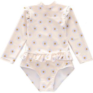 Joya Kids® Badpak Lange Mouw Gebroken Wit met Bloemen print met Ruches Meisjes | Zwempak met ruches UV Badpak Madeliefjes | Zwempak Lange Mouw UV Bescherming | Meisje Bikini Zomer | Kinderbadpak Peuter | Maat XL | 5-6 Jaar