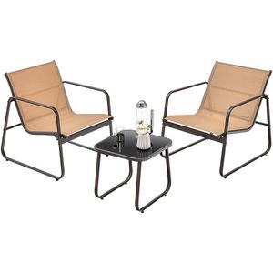 COSTWAY 3-delige tuinmeubelset, balkonset met 2 stoelen en tafel, balkonmeubels met ademende stof, terrasmeubels, tuingarnituur, zitgroep voor terras, balkon, tuin, bruin