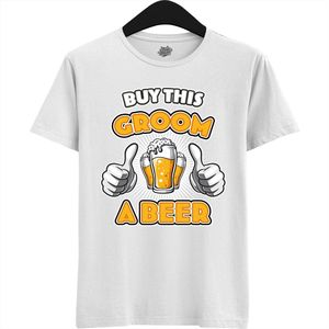 Buy This Groom A Beer | Vrijgezellenfeest Cadeau Man - Groom To Be Bachelor Party - Grappig Bruiloft Bruidegom Heren Shirt - T-Shirt - Unisex - Wit - Maat M
