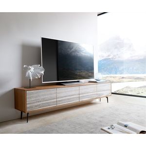Tv-meubel Kleo acacia natuur 220 cm 4 deurs hoekpoot metaal zwart Lowboard