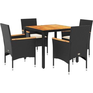 vidaXL - 5-delige - Tuinset - met - kussens - poly - rattan - en - acaciahout - zwart
