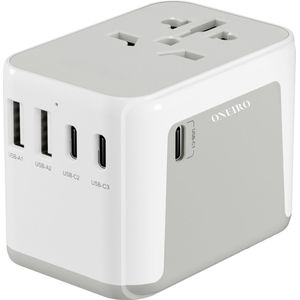 ONEIRO® GlobalVolt Wereldstekker - Reisstekker - Fast Charging 6-in-1 - Universele Adapter met USB-C & USB-A - Stopcontact Adapter voor 170+ Landen - Compact & Veilig - Snellader met Kinderbeveiliging