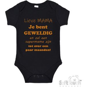 100% katoenen Romper ""Lieve MAMA je bent geweldig en zal een supermama zijn. Tot over een paar maanden!"" Unisex Katoen Zwart/tan Maat 56/62