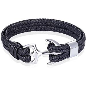 Tom Jaxon Heren armband Anker gevlochten Leer Zilverkleurig Zwart - 20cm