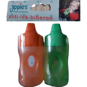 set van 2 stuks Jippie's Anti lek Drink bekers oranje groen - easy to hold -vanaf 6 maanden