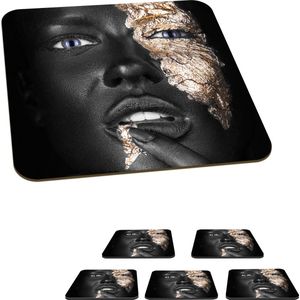 Onderzetters voor glazen - Vrouw - Bladgoud - Zwart - Huid - Luxe - 10x10 cm - Glasonderzetters - 6 stuks