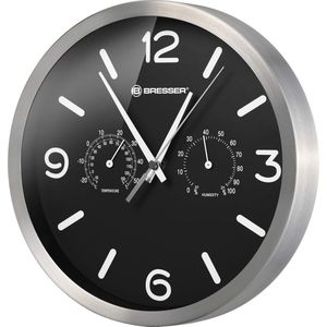 QPFO® Radiografische Wandklok 25 cm - Geruisloos Radiogestuurd met Temperatuur- en Luchtvochtigheidsmeter - Roestvrijstaal Zwart
