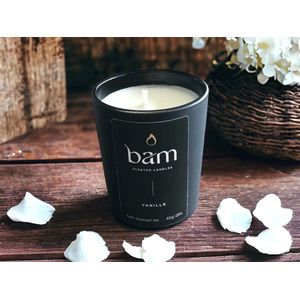 BAM Vanille geurkaars met katoenen wiek in een zwart potje - 25 branduren (65g) - cadeautip - geschenk - vegan
