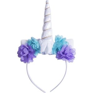 KIMU Eenhoorn Haarband Wit Bloemetjes - Unicorn Diadeem Met Oortjes - Witte Hoorn Bloemen Paars Blauw Wit Festival