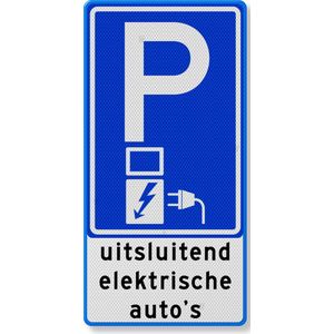 Verkeersbord parkeren uitsluitend elektrische auto's - aluminium DOR Klasse 3 - 15 jaar garantie 500 x 1000 mm