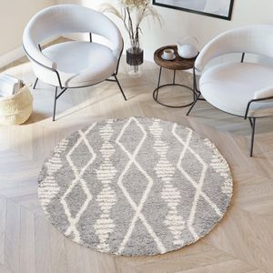 Tapiso Boho Vloerkleed Rond Grijs Beige Shaggy Bohemian Scandinavisch Slaapkamer Woonkamer Hal Maat- 200x200