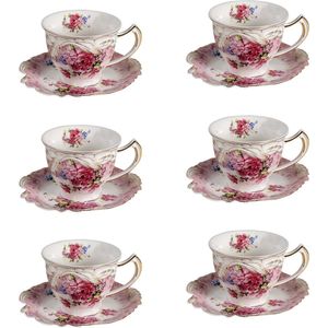 HAES DECO - Kop en Schotel set van 6 - inhoud 200 ml - kleuren Wit / Roze - Bedrukt Porselein met Bloemen - Theeservies, Koffieservies, Theekoppen, Koffiekoppen, Cappuccino