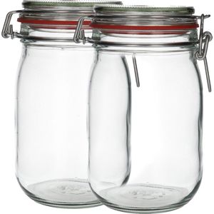 2x Glazen Weckpot 1140 ml - Rond & Transparant - Inmaakpotten, Mason Jar, Weckpotten met Deksel, Confituurpotten - Hervulbaar - Glas - 2 Potten