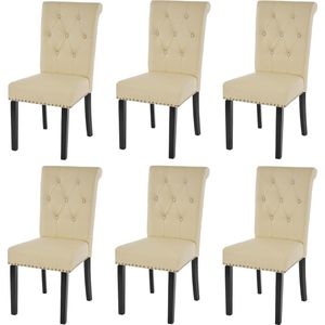 Set van 6 eetkamerstoelen Chesterfield II, keukenstoel, klinknagels ~ kunstleer, crème, donkere poten