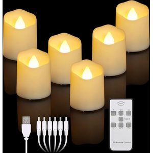 Oplaadbare LED Theelicht Kaarsen met Afstandsbediening en Timer - Flickerende Warm Witte Dimbare LED Kaarsen - Elektrische Theelicht Verlichting met USB Kabel - Decoratie voor Kerst, Halloween, Feestjes en Familie [Energie Klasse A+++]