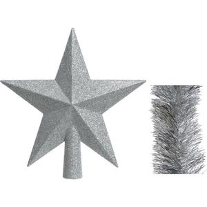 Kerstversiering kunststof glitter ster piek 19 cm en folieslingers pakket zilver van 3x stuks - Kerstboomversiering