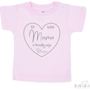 Soft Touch T-shirt Shirtje Korte mouw ""De liefste mama is toevallig mijn mama"" Unisex Katoen Roze/grijs Maat 62/68