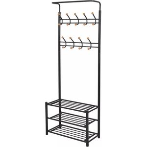 Kapstok staand staande zwart met schoenenrek planken opbergrek haken 68x32x182.5cm