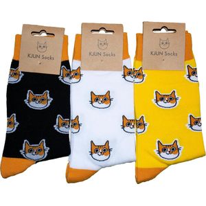 KJUNSocks- Katten Sokken voor heren en dames - 3 paar - huissokken - grappige cadeaus - grappige sokken - maat 43/46