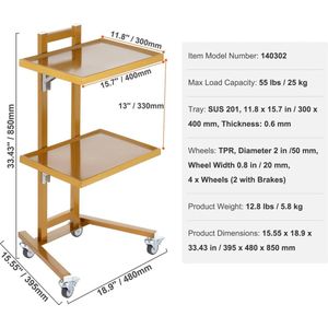 Laboratoriumkar - Wagen - Kar - Roestvrij Staal - Goud 4 Metaal 2 2 - met ABS Materiaal Lab Rolling Cart - voor Lab Kliniek Ziekenhuis Salon