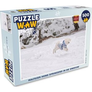 Puzzel Maltezer hond springend in de sneeuw - Legpuzzel - Puzzel 500 stukjes