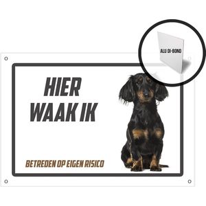 Waakbord/ bord alu di-bond | ""Hier waak ik"" | 30 x 20 cm | Langharige Teckel | Aluminium bord | Met 4 boorgaten | Waakhond | Pet | Hond | Betreden op eigen risico | Gevaarlijke hond | Afschrik | Mijn huisdier | Roestvrij | 1 stuk