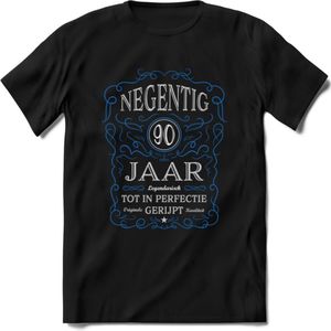 90 Jaar Legendarisch Gerijpt T-Shirt | Blauw - Grijs | Grappig Verjaardag en Feest Cadeau Shirt | Dames - Heren - Unisex | Tshirt Kleding Kado | - Zwart - 3XL