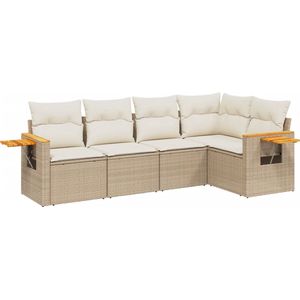 vidaXL - 5-delige - Loungeset - met - kussens - poly - rattan - beige