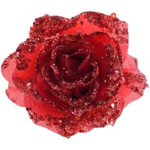 6x Rode glitter roos met clip - Kerst decoratie rode glitter roos met clip 6 stuks - Decoratiebloemen/kerstboomversiering