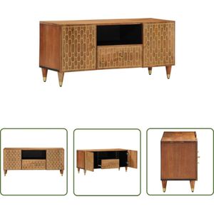 The Living Store Retro TV-Meubel - 105 x 33 x 46 cm - Massief mangohout met handgesneden bloemenpatronen