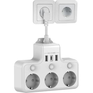 Stekkerdoos Met 3 Onafhankelijke Schakelaars – 3 AC-stopcontacten (4000W) + 2 USB-A & 1 USB-C – Wandmontage – Inclusief 0,1 m Kabel – Wit