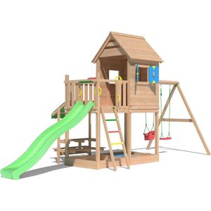 Jungle Gym Speeltoestel van Douglas Hout - Jungle Cabana met Groene Glijbaan - Tuin Speeltoestel voor buiten met Zandbak, Dubbele Schommel en Speelhuisje