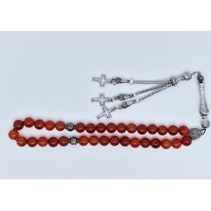 Handgemaakte tesbih klassiek - ""Tasbih"" natuursteen ""Rood Agaat"" - Aantal kralen 33 - Diameter kralen 8 MM - met metaal tassel ""Kruis"" - Een mooi cadeau-idee