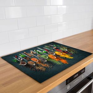 Inductie beschermer verschillende lepels met kruiden | 58.3 x 51.3 cm | Keukendecoratie | Bescherm mat | Inductie afdekplaat