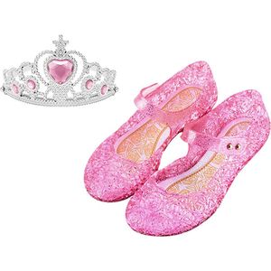Prinsessenschoenen klittenband + kroon (tiara) - roze - maat 23/24 - vallen 1-2 maten kleiner - Het Betere Merk - verkleedschoenen prinses - prinsessen schoenen plastic -Giftset voor bij je Prinsessenjurk - binnenzool 14,5 cm