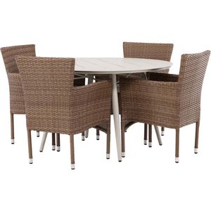 Lina tuinmeubelset tafel Ø120cm beige, 4 stoelen Malina naturel.