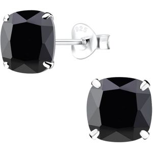 Joy|S - Zilveren vierkant oorbellen - 8 mm - cushion - zwart zirkonia