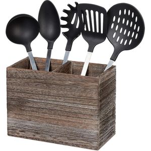 Keukengerei houder met 2 vakken - voor keukengereedschap en bestek - HBD 17x24x12 cm - donkerbruin hout spatelpot