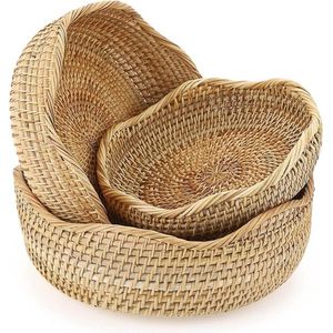 Sumnacon Set van 3 ronde rotan geweven fruitmanden - brood serveermanden voor opslag - tafel desktop en aanrecht decoratie - golvende rand