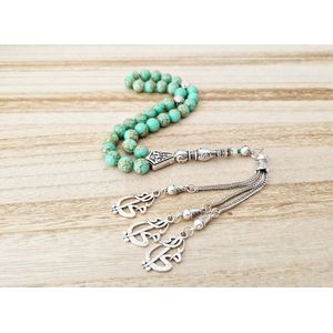 Handgemaakte tesbih ""tasbih"" natuursteen ""Groen howliet gesponnen goud"" - Aantal kralen 33 - Diameter kralen 8 MM - met metaal tassel ""model 18"" - Een mooi cadeau-idee