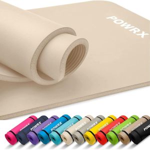 POWRX Gymnastiekmat I Yoga Mat (Beige, 190 x 60 x 1,5 cm) Premium incl. Draagriem + Tas + Oefenposter GRATIS I Huidvriendelijke Fitnessmat TÜV Süd gecertificeerd Ftalaatvrij