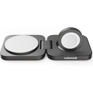 Cubenest 2-in-1 opvouwbare aluminium draadloze oplader, compatibel met Magsafe, draadloze oplader voor iPhone 12-15, Apple Watch 7/8/9, Ultra/2, totaal vermogen 20 W, grijs
