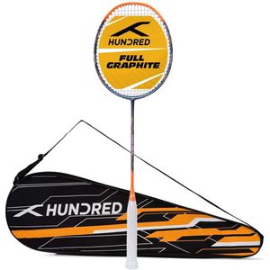 HONDERD Powertek 1000 PRO grafietbespannen badmintonracket met volledige rackethoes (marineblauw/oranje) | Voor gemiddelde spelers | 95 gram | Maximale snaarspanning - 26 lbs
